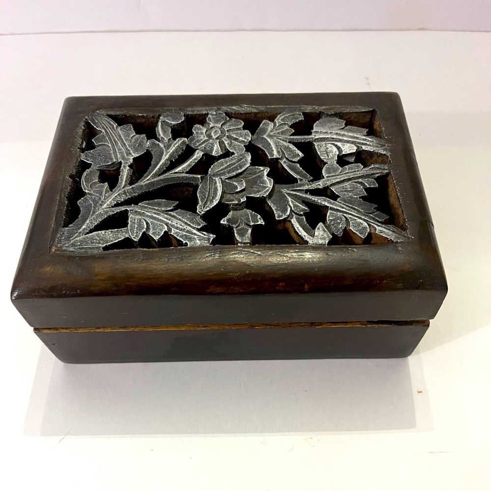 Carved Wooden Trinket Jewelry Box with Silver Floral Design